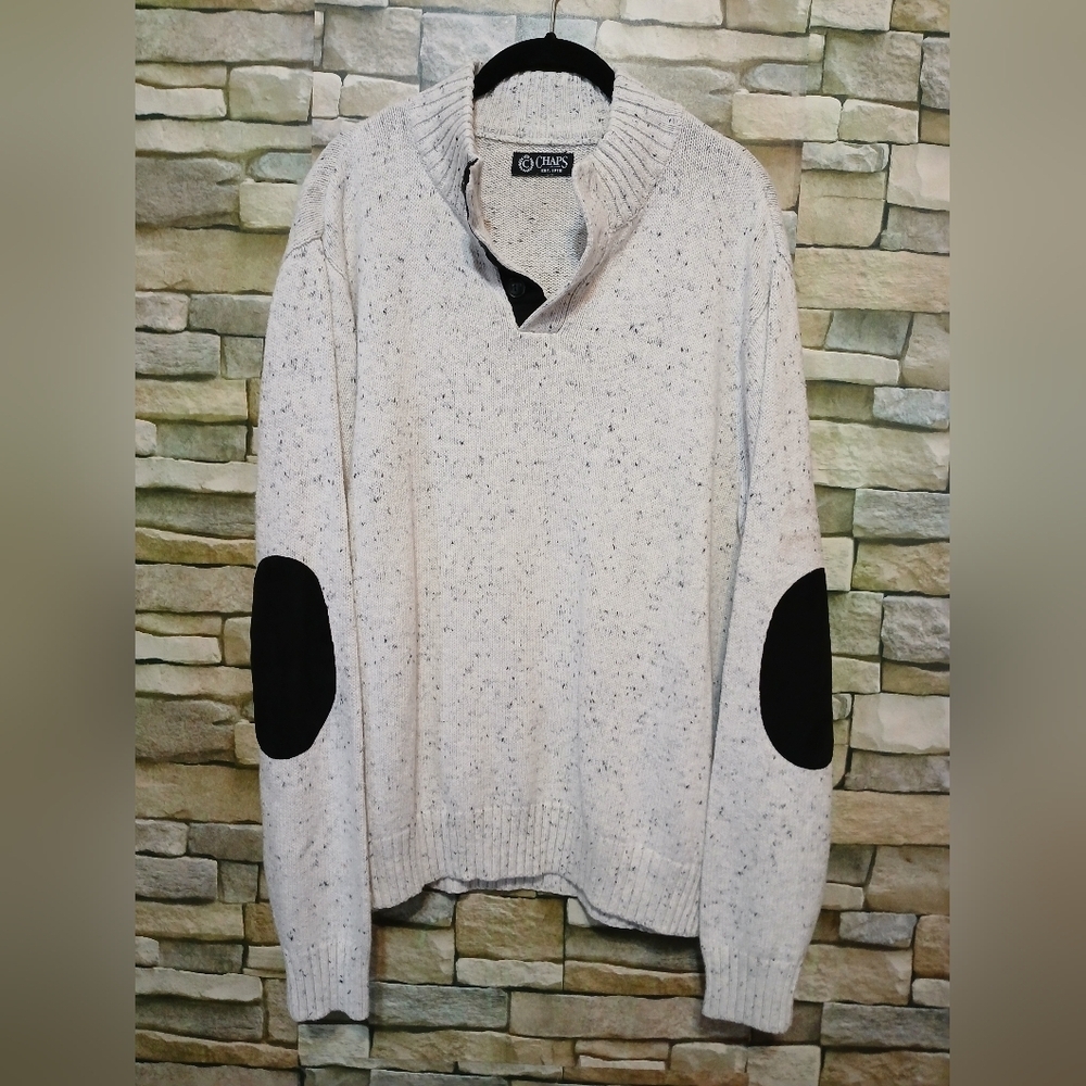 Mens Large Chaps Tweed Mock Neck Popover Sweater Elbow Patch Oatmeal Speck - Picture 2 of 5